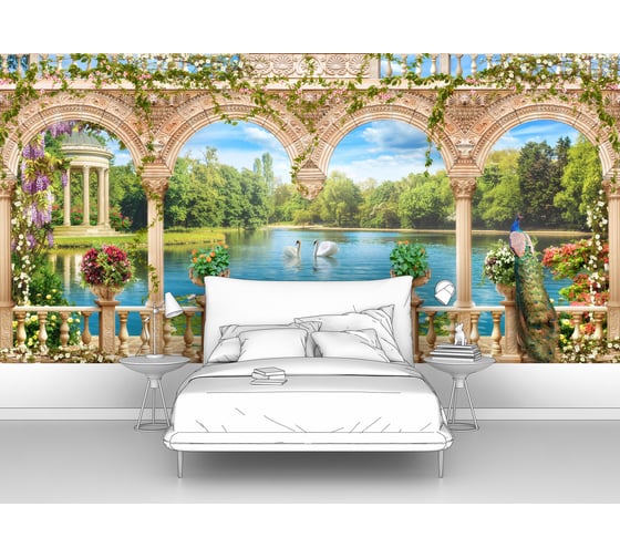 Изображение товара Фотообои природа ООО Первое ателье "Павлины на террасе с видом на озеро с лебедями и ротонду" (птицы; 300х150 см) pw94074-3