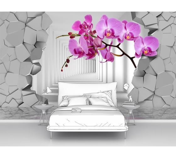 Изображение товара Фотообои 3d ООО Первое ателье "Орхидеи на фоне пролома в стене и белого тоннеля" (абстракции; цветы; 100х170 см) pw73814-1