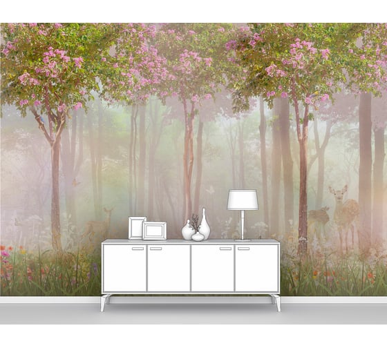 Изображение товара Фотообои ООО Первое ателье "Олень с олененком в туманном цветущем лесу" (лес в тумане; животные; 280х400 см) pw78660