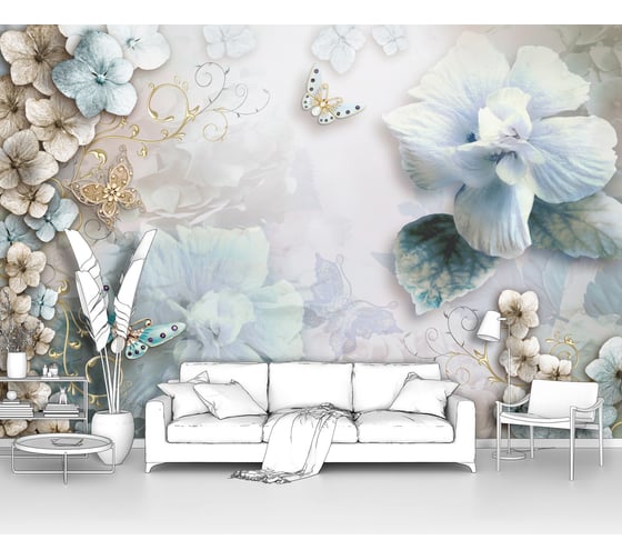 Изображение товара Фотообои ООО Первое ателье "Цветы и бабочки в бежевых и голубых тонах" (абстракции; 300x220 см) pw73826