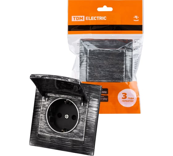 Изображение товара Розетка 2П+З 16А 250В IP44 с защитными шторками, с крышкой TDM ELECTRIC старинное серебро, серия "Лама" SQ1815-0655