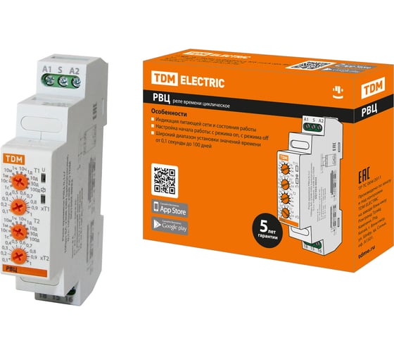 Изображение товара Реле времени TDM РВЦ-0,1с/100дн-8А-230В-DIN (циклическое, 0,1с-100дней, 230В AC) SQ1503-0032