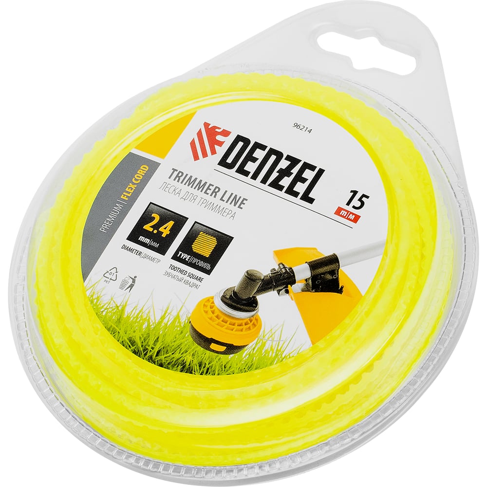Изображение товара Леска FLEX CORD зубчатый квадрат 2.4 мм, 15 м, блистер для триммера Denzel 96214