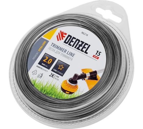 Изображение товара Леска EXTRA CORD двухкомпонентная звезда 2 мм, 15 м, блистер для триммера Denzel 96216