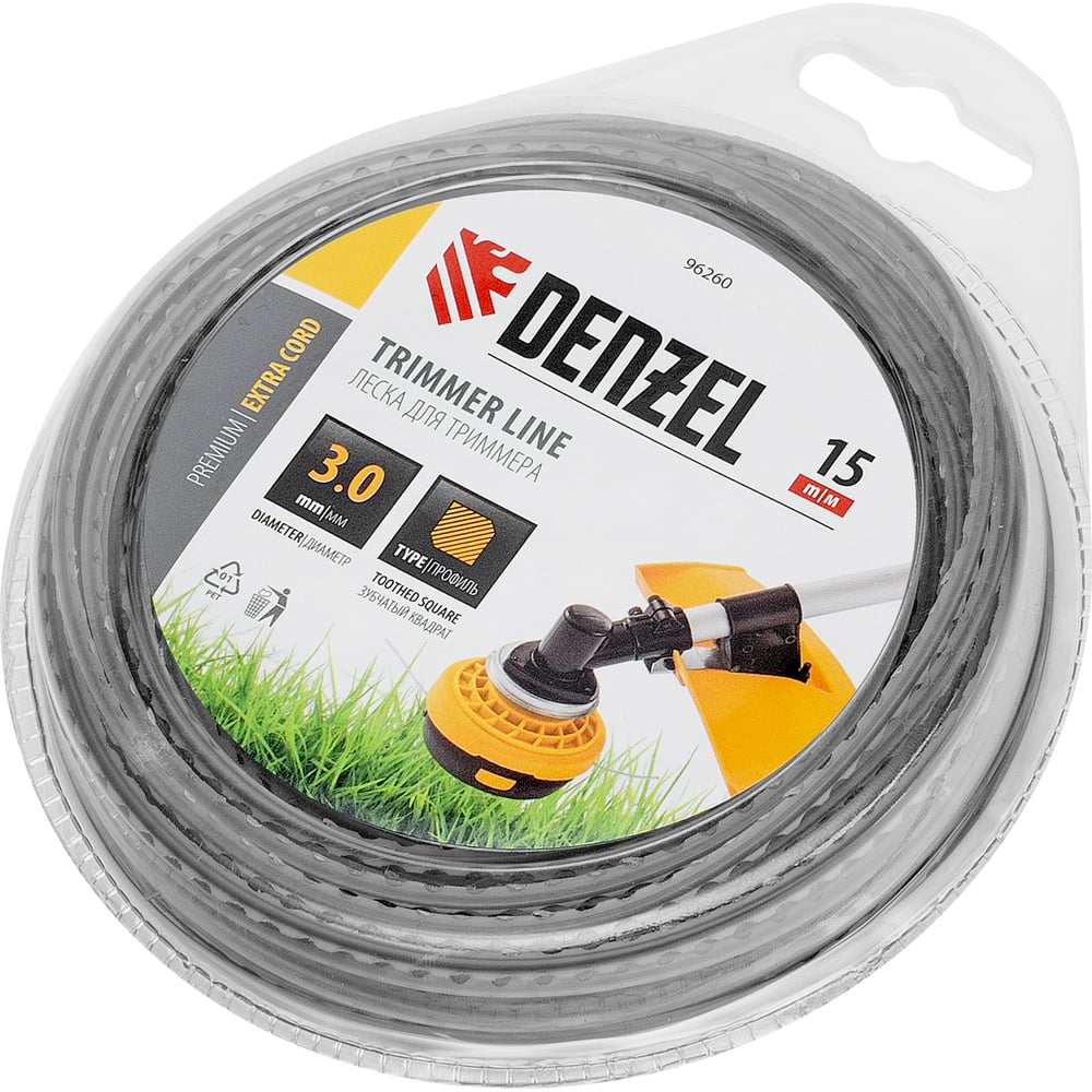 Изображение товара Леска EXTRA CORD двухкомпонентная зубчатый квадрат 3 мм, 15 м, блистер для триммера Denzel 96260
