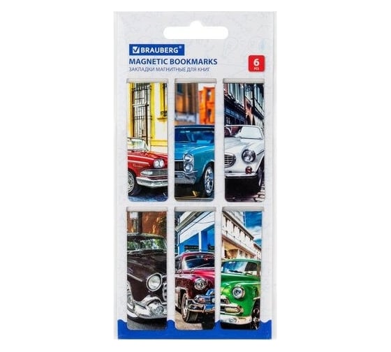 Изображение товара Магнитные закладки для книг BRAUBERG Retro Cars набор 6 шт., 60x20 мм 113158