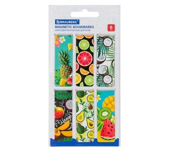 Изображение товара Магнитные закладки для книг BRAUBERG Fruits набор 6 шт, 60x20 мм 113160