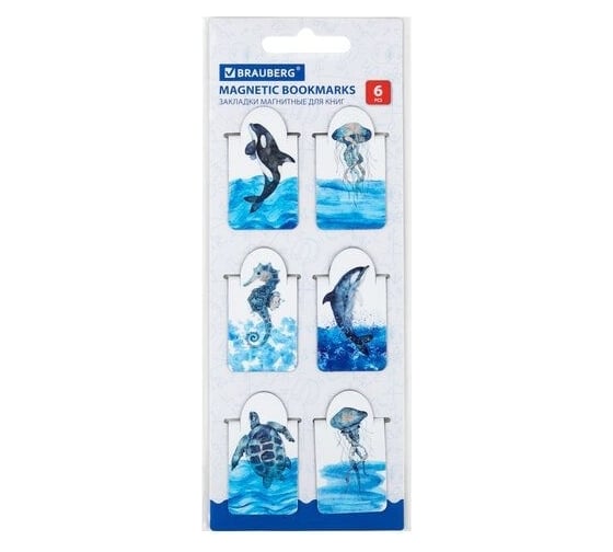 Изображение товара Магнитные закладки для книг BRAUBERG Marine Life c высечкой, набор 6 шт, 35x25 мм 113163