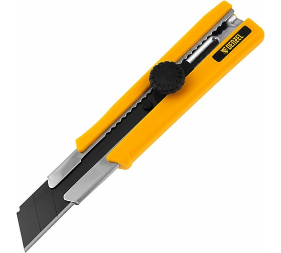 Изображение товара Нож DENZEL 25 мм, сменное лезвие, SK4, корпус из TPR, металлическая направляющая, винтовой фиксатор 78945