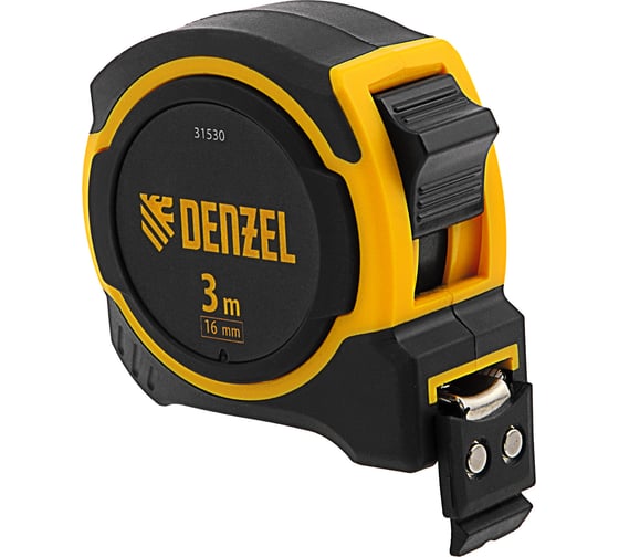 Изображение товара Рулетка Denzel 3 м, 16 мм, двухкомпонентный корпус, магнитный обрезиненный зацеп 31530