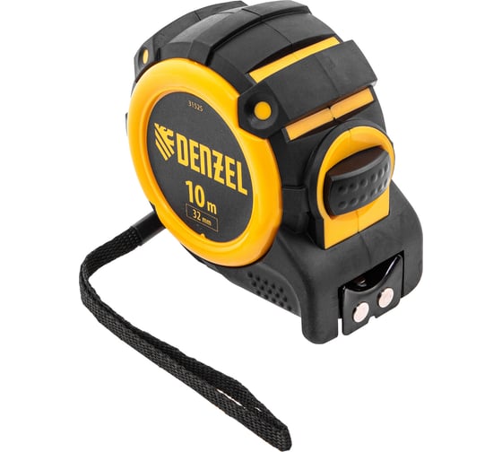 Изображение товара Рулетка Denzel 10 м, 32 мм, автоматическая фиксация, нейлоновое покрытие, магнит. зацеп, двухсторонняя разметка 31525