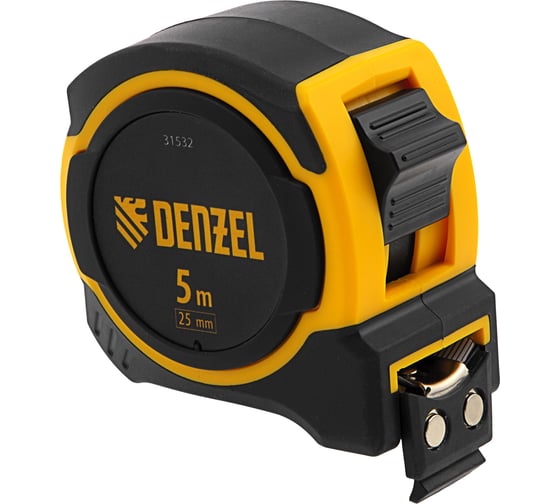 Изображение товара Рулетка Denzel 5 м, 25 мм, двухкомпонентный корпус, магнитный обрезиненный зацеп 31532