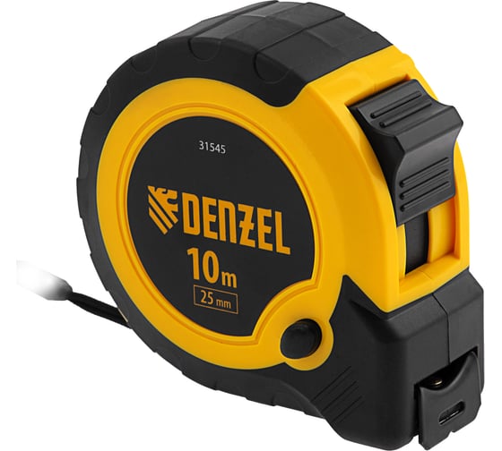 Изображение товара Рулетка Denzel 10 м, 25 мм, двухкомпонентный корпус, кнопка-пауза 31545