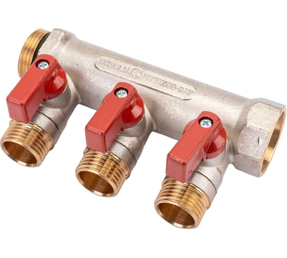 Изображение товара Коллектор с шаровыми кранами STOUT Smb 6210 341203 3/4", 3 отвода 1/2", красные ручки RG0091AACQM2BK