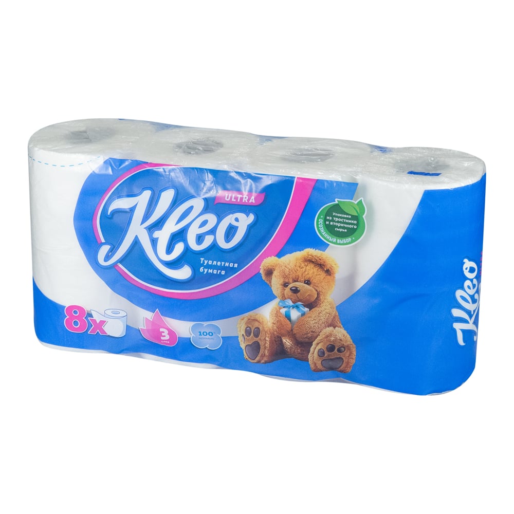 Изображение товара Туалетная бумага KLEO Ultra 3 слоя 8 рулонов с тиснением и перфорацией