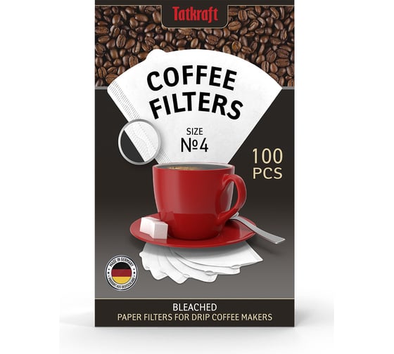 Изображение товара Бумажные фильтры для кофеварки Tatkraft отбеленные №4, одноразовые, 100 шт. 13810