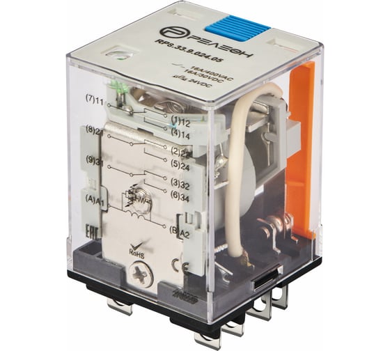 Изображение товара Силовое реле РЕЛЕОН 3 CO контакта 16а;= 24в Dc; блокируемая кнопка проверки + LED, RP733902405