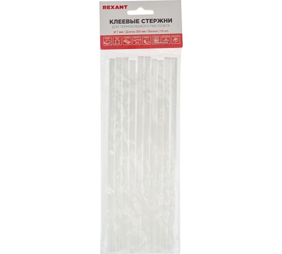 Изображение товара Клеевые стержни 7х200 мм, белые, 10 шт для клеевого пистолета REXANT 09-1105
