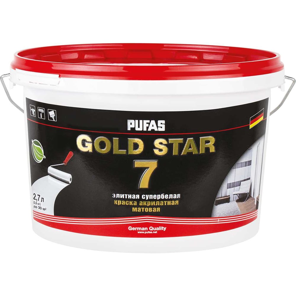 Изображение товара Акрилатная краска Pufas GOLD STAR 7 супербелая мат. мороз. 2,7 л, 3,6 кг тов-141002