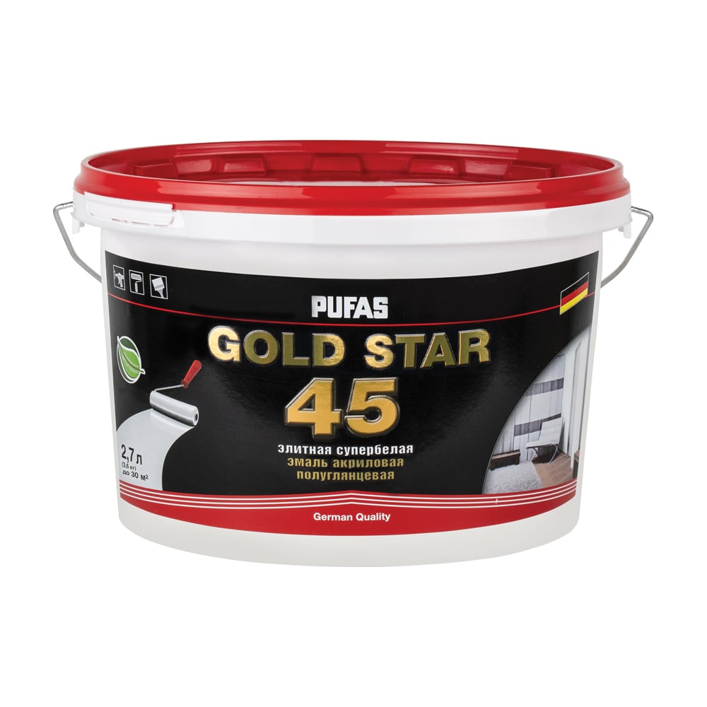 Изображение товара Акриловая эмаль Pufas GOLD STAR 45 супербелая полуглянц. мороз. 2,7 л, 3,6 кг тов-141004