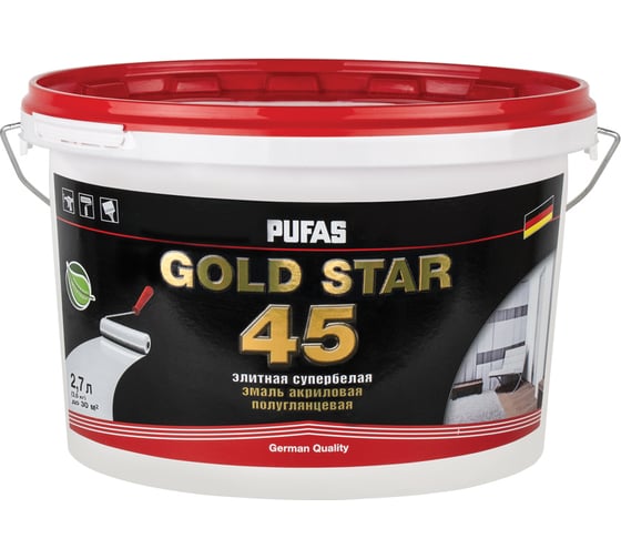 Изображение товара Акриловая эмаль Pufas GOLD STAR 45 супербелая полуглянц. мороз. 2,7 л, 3,6 кг тов-141004