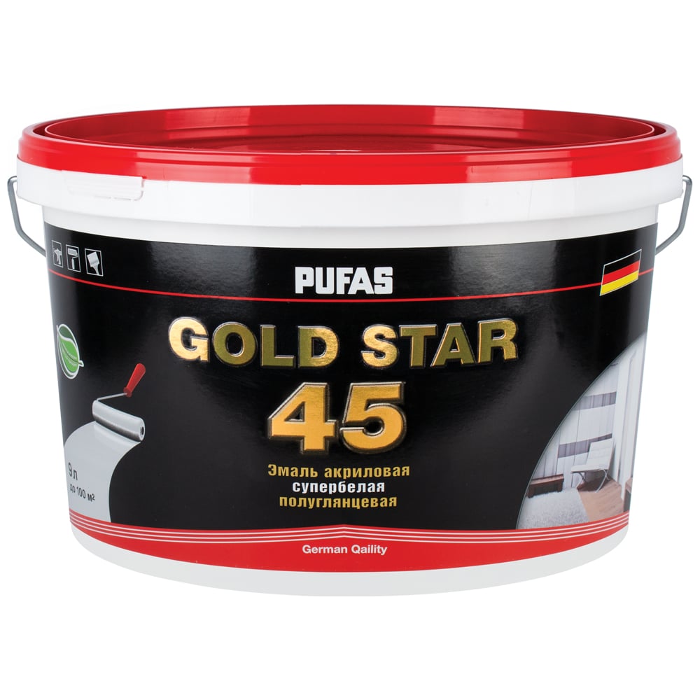 Изображение товара Акриловая эмаль Pufas GOLD STAR 45 супербелая полуглянцевая 9 л морозостойкая