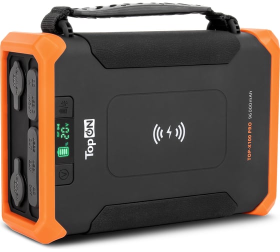 Изображение товара Внешний аккумулятор TopOn 96000mah dc 84w, type-c pd 60w, 2 usb qc3.0 18w, qi 10w, 2 авторозетки 180w, фонарь, защита от брызг, lifepo4 TOP-X100PRO