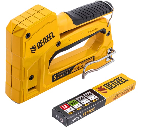 Изображение товара Мебельный степлер Denzel тип 53 и 13, 6-14 мм, тип 140, 10-14 мм, тип 300, 15 мм, тип 500, 15 мм 40215