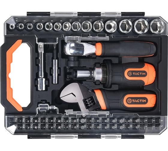Изображение товара Набор головок 1/4, 3/8, вставок и ключа разводного TACTIX из 60-ти предметов 900191