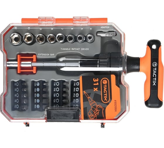 Изображение товара Набор головок TACTIX 1/4 и вставок с Т-образной рукояткой из 31-го предмета 900984