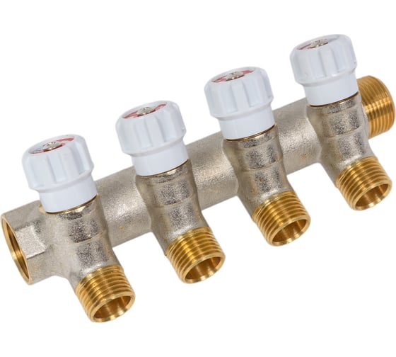 Изображение товара Коллектор MVI латунный с регулирующими вентилями 3/4"x1/2"x4 выхода MM.404.0504