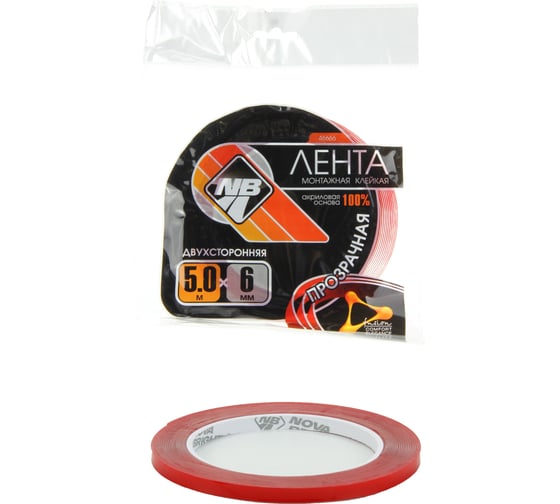 Изображение товара Двухсторонняя клейкая лента Nova Bright fusion красный + прозрачный (акриловая основа), 6 мм х 5 м 46666