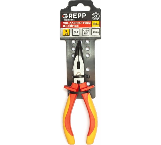 Изображение товара Диэлектрические длинногубцы GREPP силовые, изогнутые, двухкомпонентная рукоятка, 160 мм 205-105