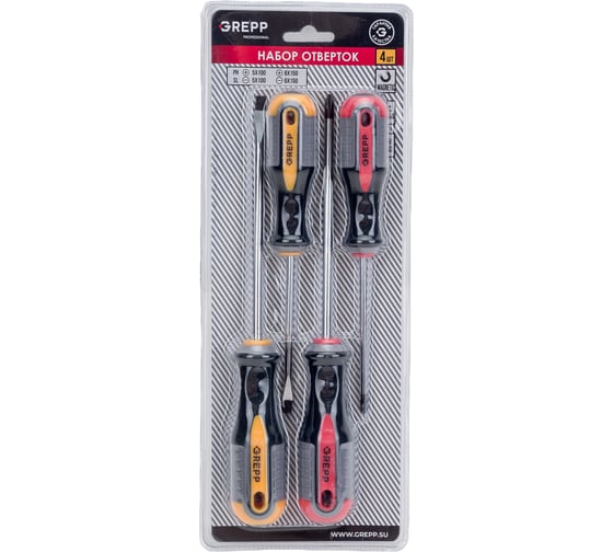 Изображение товара Набор отверток Ladina GREPP PH1х100 мм, PH2х100 мм, SL5х100 мм, SL6х150 мм, CrV, 3х комп. ручка, 4 шт. 201-024