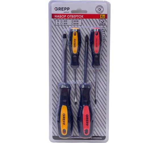 Изображение товара Набор отверток Ladina GREPP PH0х75 мм, PH1х100 мм, SL3х75 мм, SL6х100 мм, CrV, 2х комп. ручка, 4 шт. 202-024