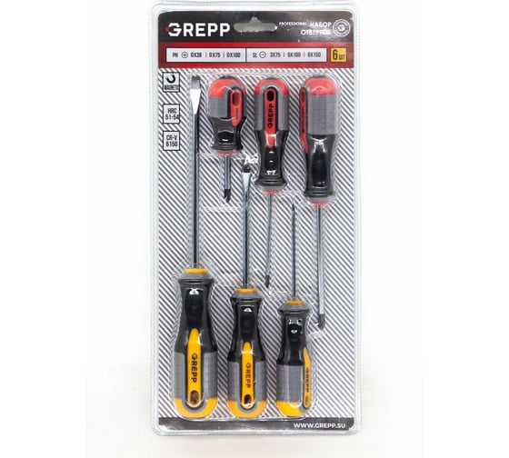 Изображение товара Набор отверток Ladina GREPP PH0х38 мм, PH0х75 мм, PH0х100 мм, SL3х75 мм, SL5х100 мм, SL6х150 мм, CrV, 3х комп. ручка, 6 шт. 201-023