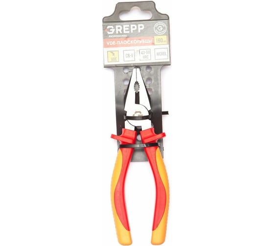 Изображение товара Комбинированные диэлектрические плоскогубцы GREPP силовые, VDE, двухкомпонентная рукоятка, 160 мм 205-100