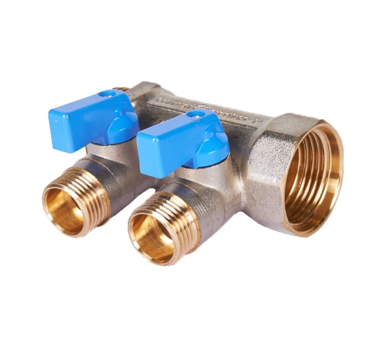 Изображение товара Коллектор с шаровыми кранами STOUT Smb 6211 011202 1", 2 отвода 1/2", синие ручки RG0091AACQM73N