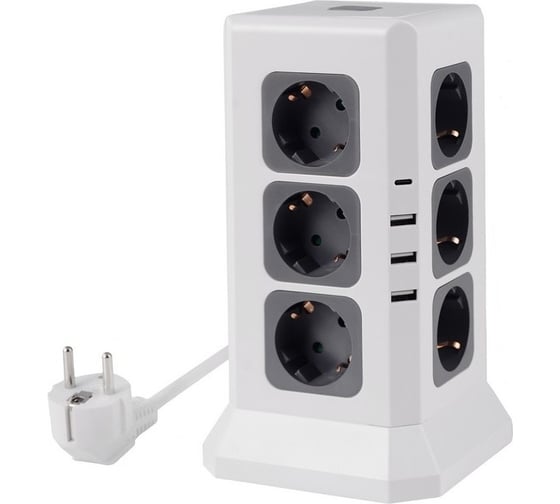 Изображение товара Удлинитель ROCKETSOCKET Tower Extended 12 Euro 16A, 4 USB 3A+C с блоком 5В/3.4А, кабель 2,0 м  цвет белый GNS5004
