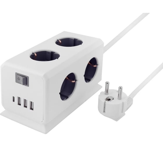 Изображение товара Удлинитель ROCKETSOCKET BiCube Extended 6 Euro 16A, 4 USB 3A+C с блоком 5В/3.1А, кабель 1,5 м  цвет белый GNS5003