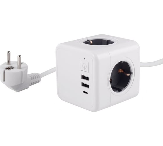 Изображение товара Удлинитель ROCKETSOCKET Cube Extended 4 Euro 16A, 3 USB 2A+C с блоком 5В/3.0А, кабель 1,5 м  цвет серый GNS1405