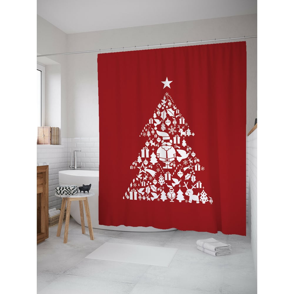 Изображение товара Штора для ванной JOYARTY "дед мороз в елке" 180x200 см сатен с крючками новогодний дизайн