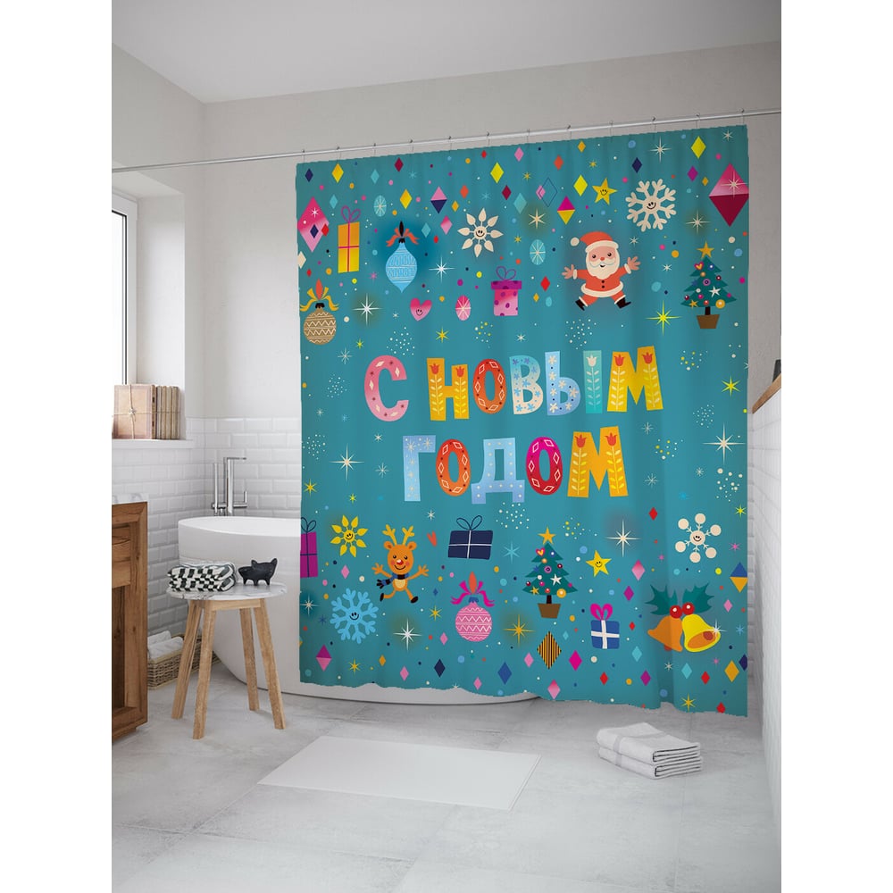 Изображение товара Штора для ванной JOYARTY с новым годом из сатена 180x200 см