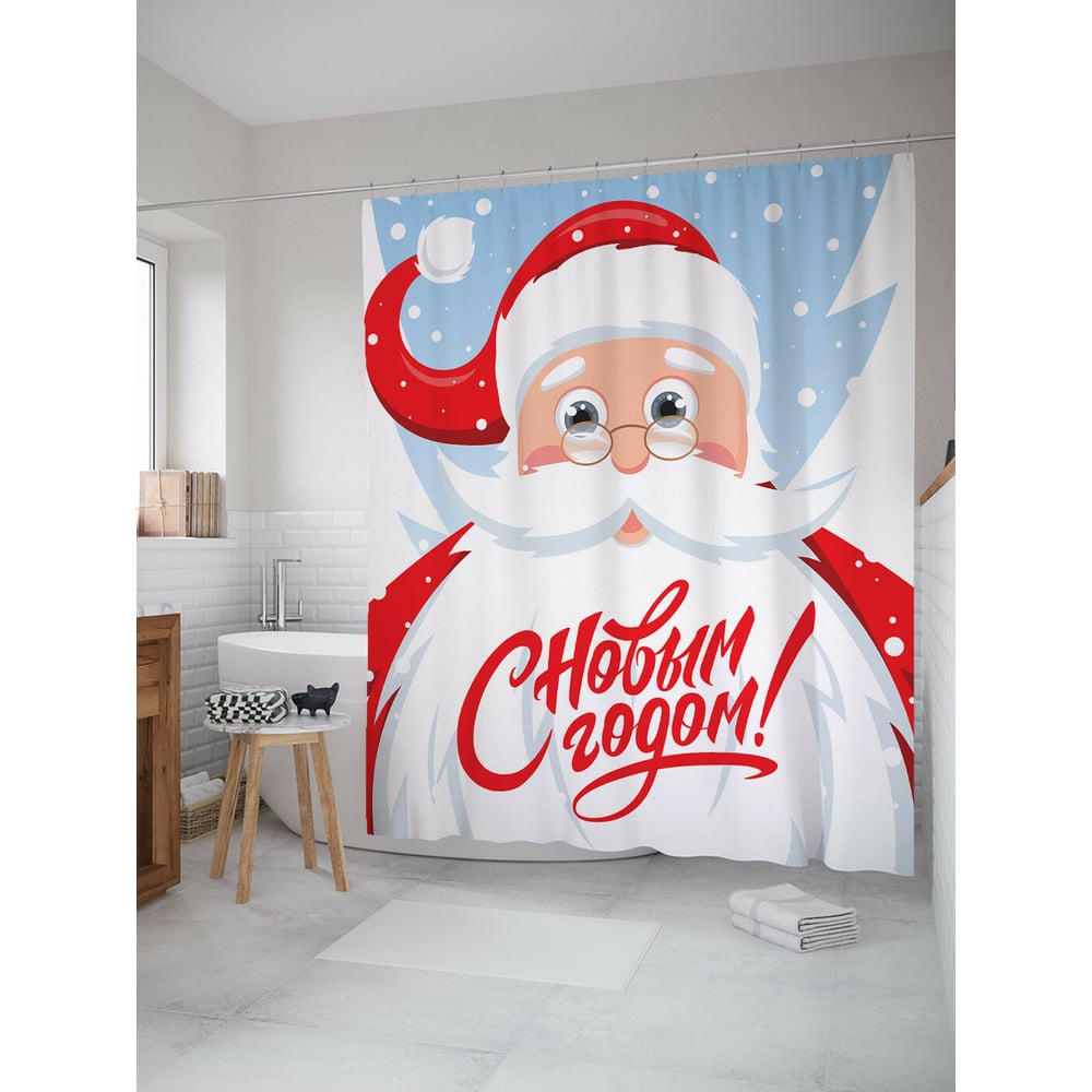 Изображение товара Штора для ванной JOYARTY дед мороз в лесу 180x200 см сатен с крючками