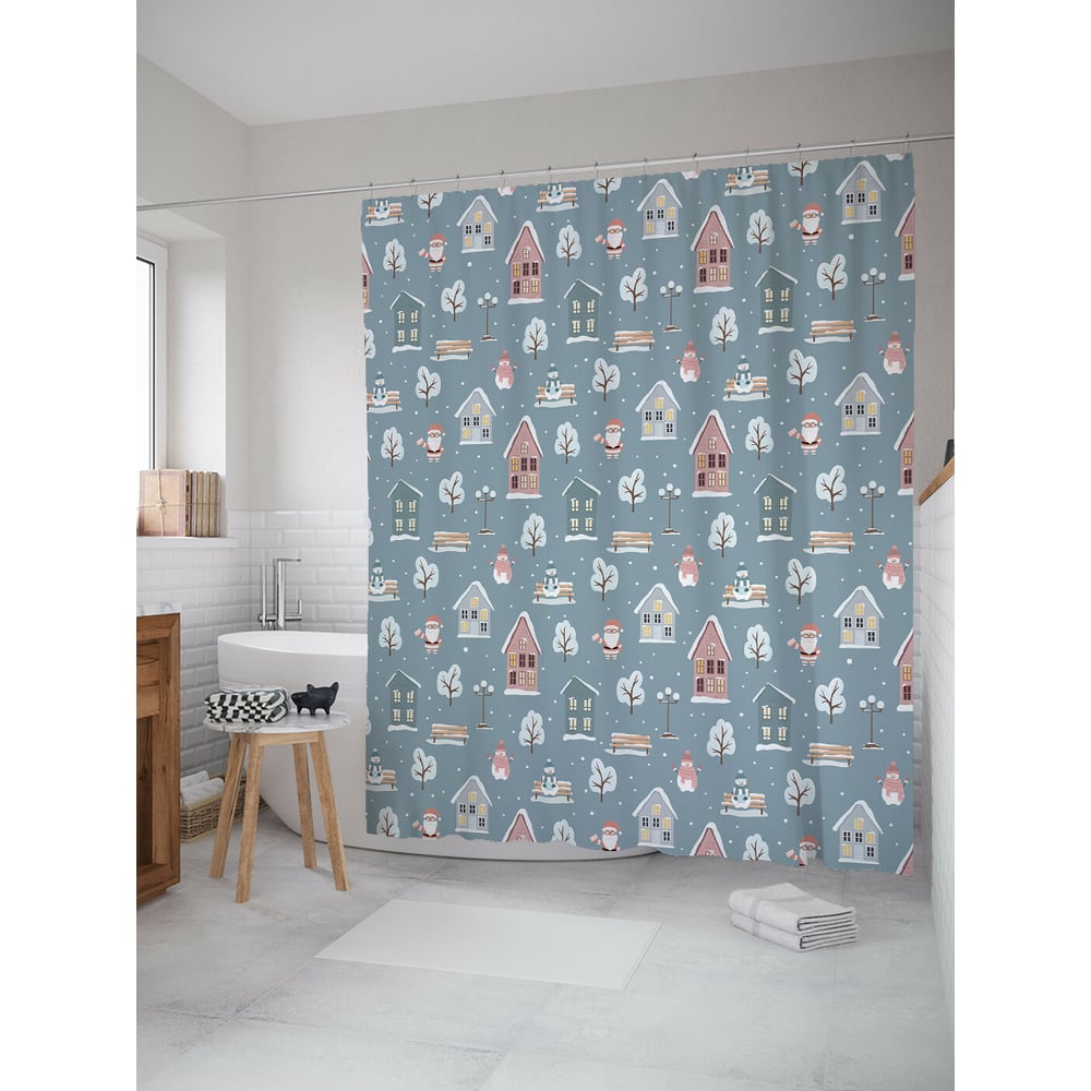 Изображение товара Штора для ванной JOYARTY дед мороз в деревне 180x200 см сатен водоотталкиваемая