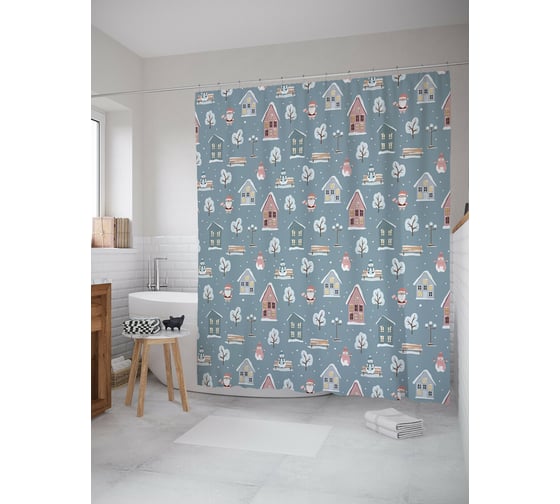 Изображение товара Штора для ванной JOYARTY "дед мороз в деревне" из сатена, 180x200 см с крючками sc_419831