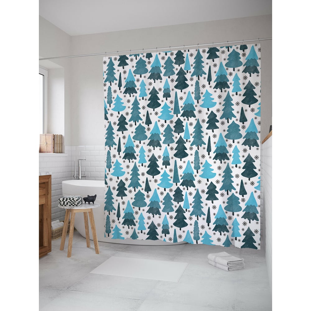 Изображение товара Штора для ванной JOYARTY зима в лесу 180x200 см сатен новогодний белый голубой коричневый