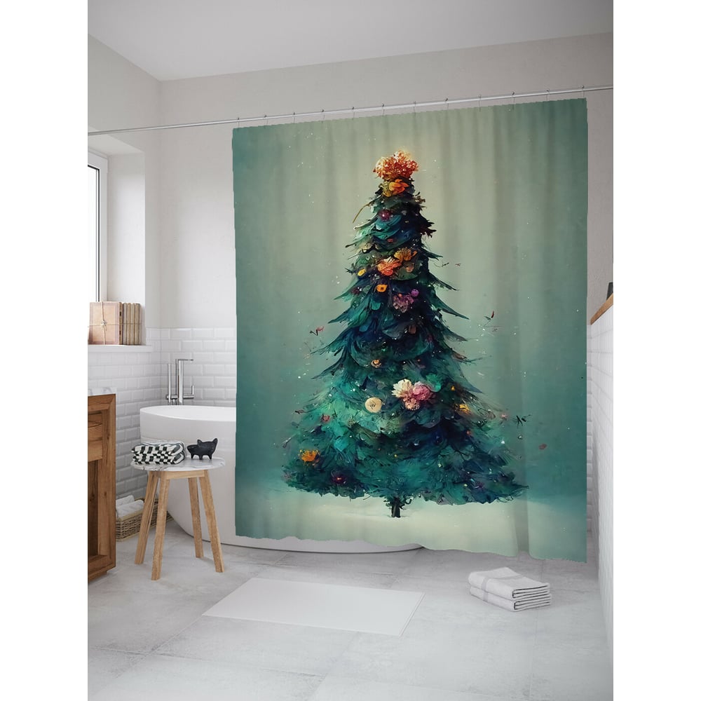 Изображение товара Штора для ванной JOYARTY "акварельная елочка" 180x200 см сатен новогодний пакет крючки