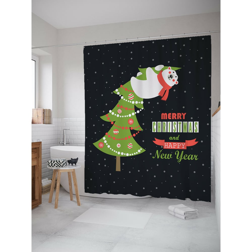 Изображение товара Штора для ванной JOYARTY Мишка на елке 180x200 см сатен с крючками новогодний дизайн