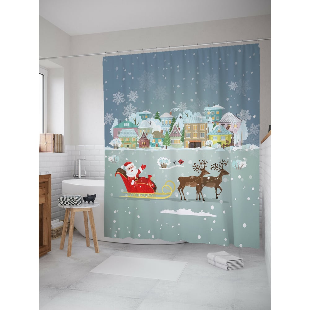 Изображение товара Штора для ванной JOYARTY "дед мороз к нам мчится" 180x200 см